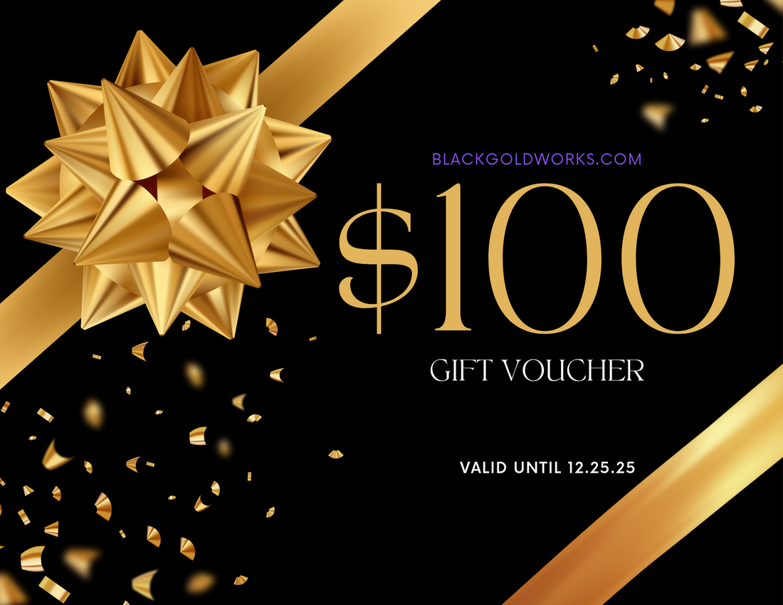 $100 gift voucher with gold ribbon and bow for organic hair and eczema skin care. - BlackGold Works - Gift the Gift of Healthy Hair & Skin