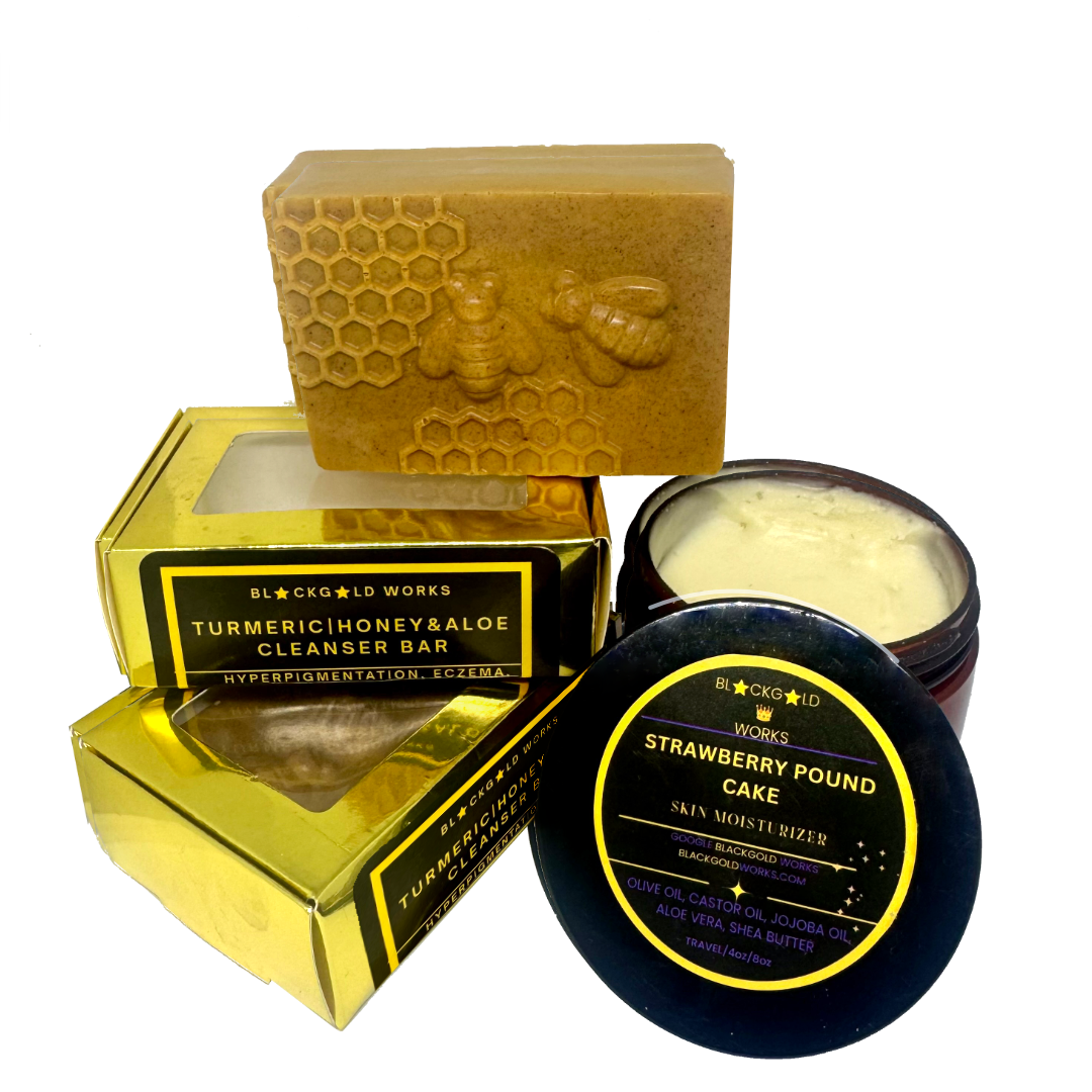 Organic eczema relief kit featuring turmeric honey aloe soap with honeycomb and bee design and creamy moisturizer jar. - BlackGold Works - Cracked feet, Cracked skin, Dry skin relief, Eczema, Eczema cream, Eczema creme, Natural collagen, Natural moisturizer, Natural products, Sensitive skin soap, Skin moisturizer, Turmeric soap - Eczema Essentials Kit