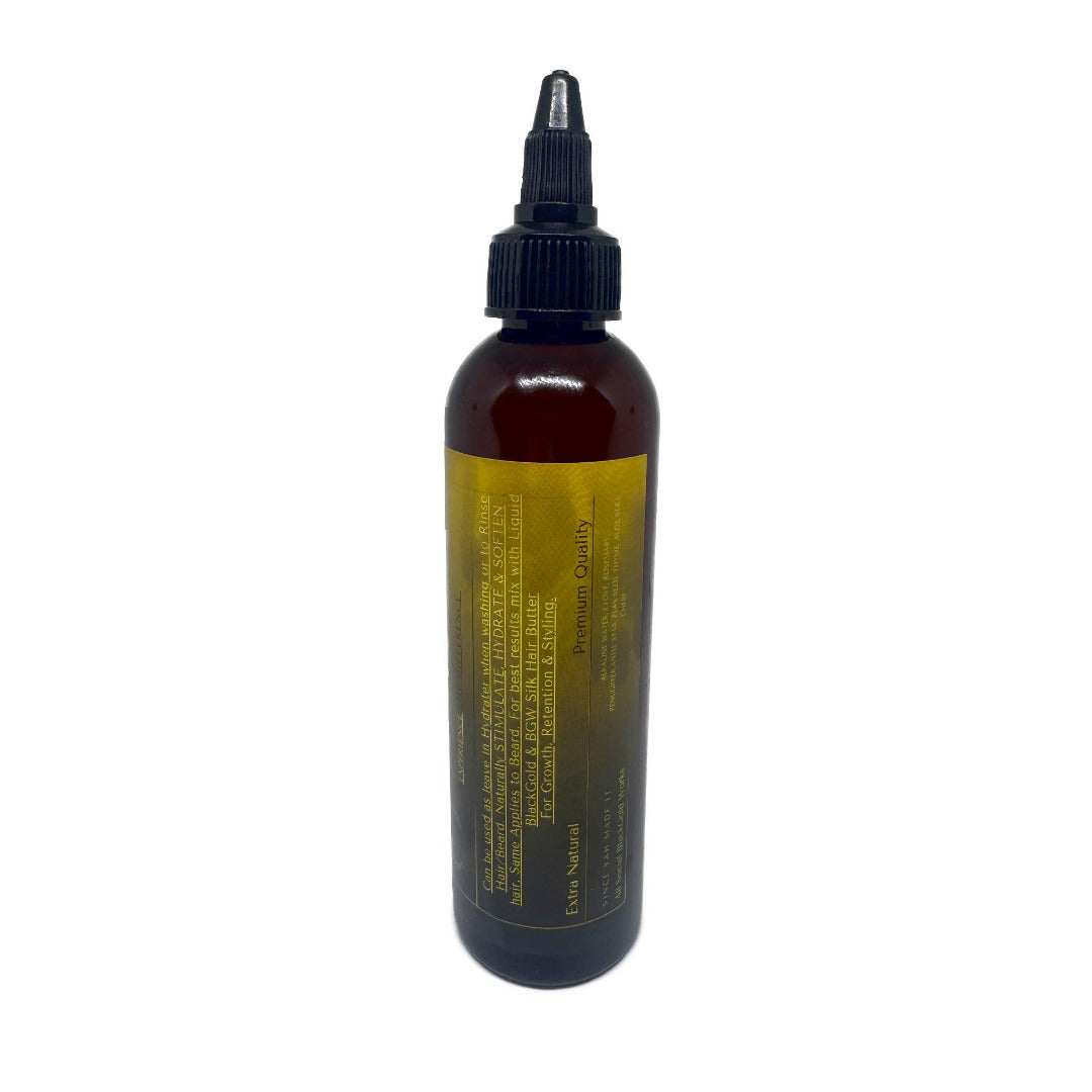 Amber dropper bottle with yellow label containing organic hair and beard growth oil for eczema relief. - BlackGold Works - 4c moisturizer, beard growth, Dandruff, Dandruff relief, Dandruff treatment, Dry skin relief, Eczema, Hair butter, hair growth, Hair moisturizer, Natural moisturizer, Natural products, Scalp moisturizer, Skin moisturizer, Tallow - Hair/Beard Growth & Maintenance Kit (free shipping)