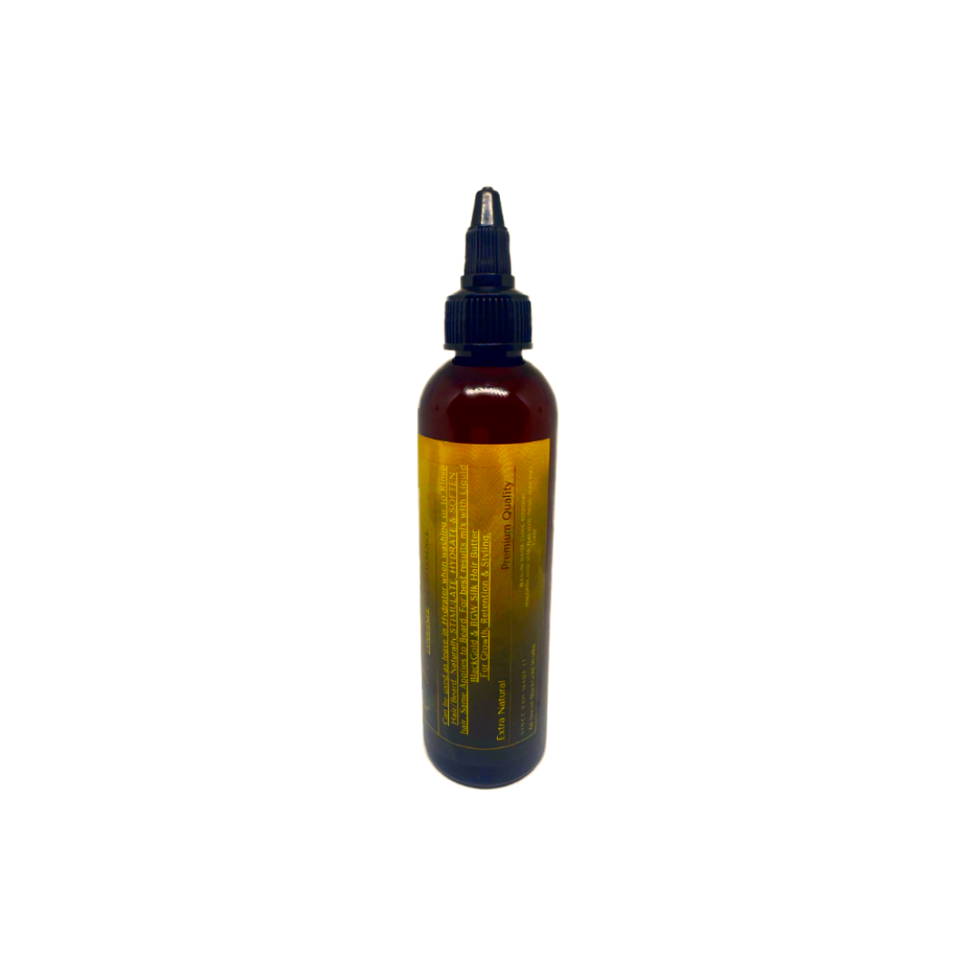 Amber dropper bottle with black cap for Black gold work's Hair tea. 