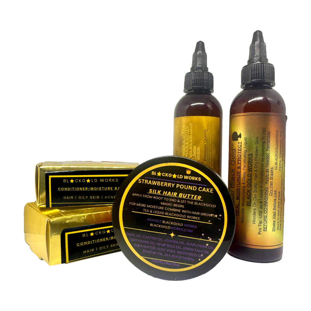 Organic hair and beard growth kit with strawberry pound cake silk hair butter and nourishing scalp oils for eczema relief. - BlackGold Works - 4c moisturizer, beard growth, Dandruff, Dandruff relief, Dandruff treatment, Dry skin relief, Eczema, Hair butter, hair growth, Hair moisturizer, Natural moisturizer, Natural products, Scalp moisturizer, Skin moisturizer, Tallow - Hair/Beard Growth & Maintenance Kit (free shipping)
