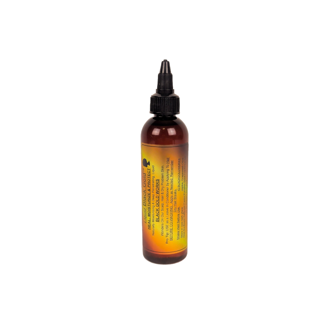 Amber Black gold work's Liquid black gold oil dropper bottle, standing upright.
