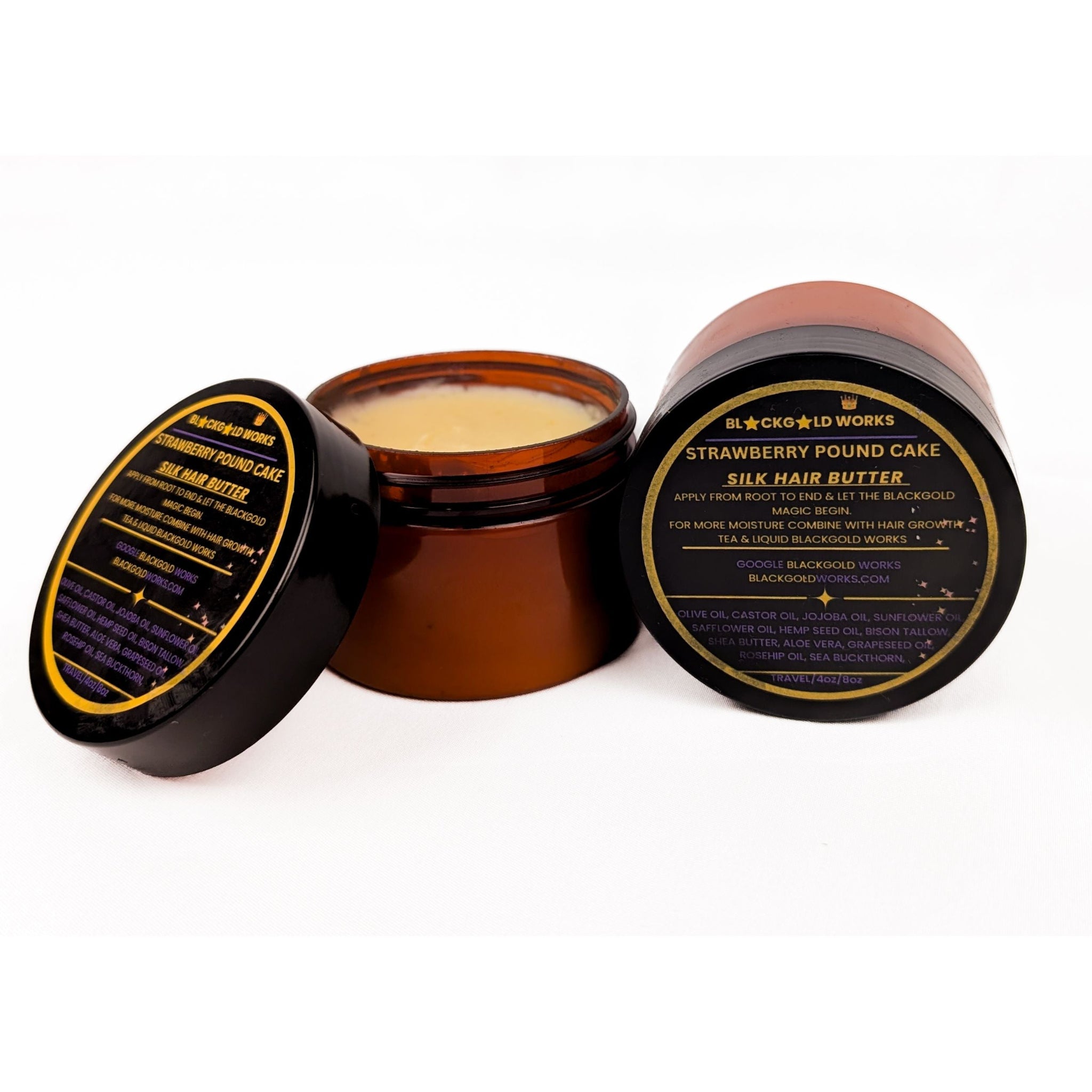 Amber jar of organic Strawberry Pound Cake hair and beard butter for eczema relief with black lid and gold label. - BlackGold Works - 4c moisturizer, beard growth, Dandruff, Dandruff relief, Dandruff treatment, Dry skin relief, Eczema, Hair butter, hair growth, Hair moisturizer, Natural moisturizer, Natural products, Scalp moisturizer, Skin moisturizer, Tallow - Hair/Beard Growth & Maintenance Kit (free shipping)